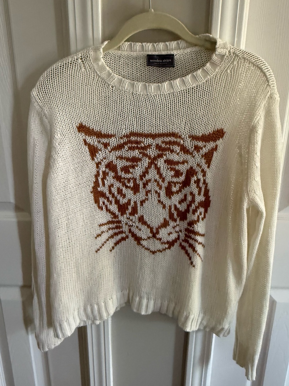 Wooden Ships Cream Knit Sweater with Rust Tiger Face